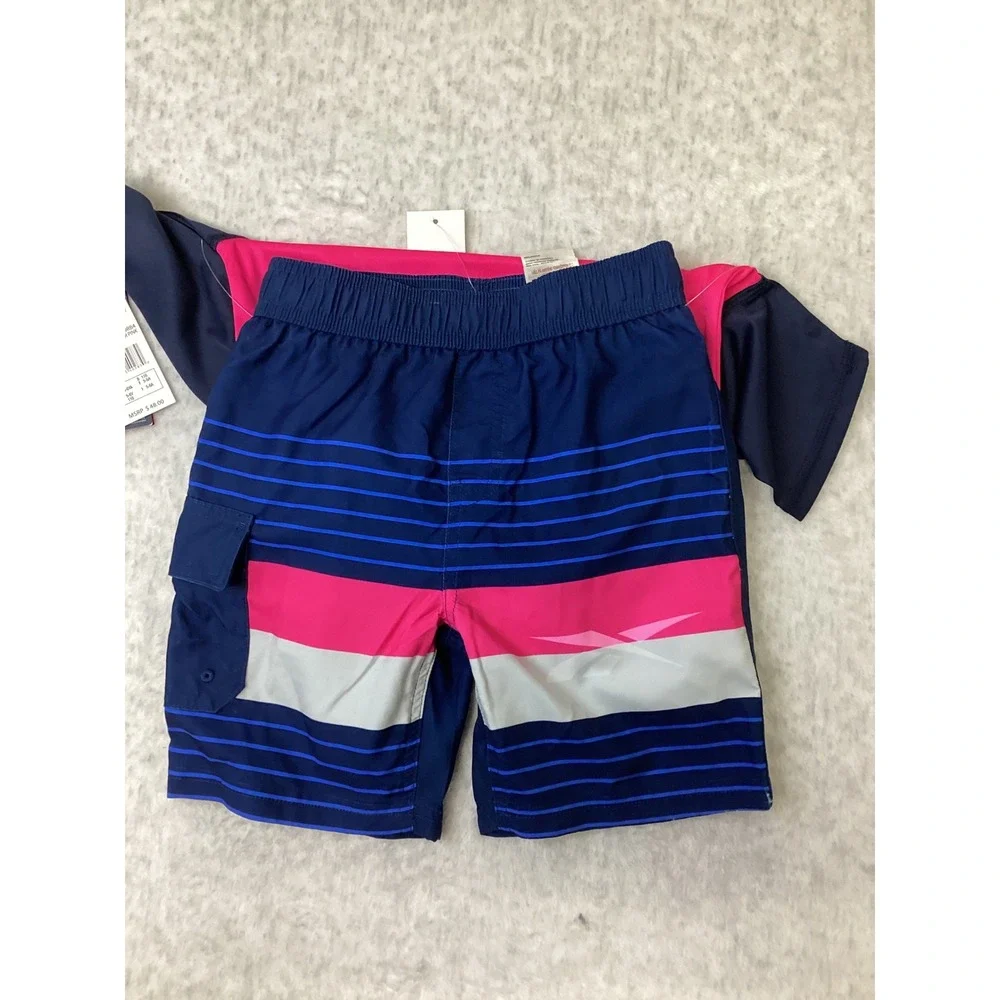 Reebok Boys 2 Piece Swim Set Rash Guard Shorts Laser Pink‎ Navy Blue Size 6